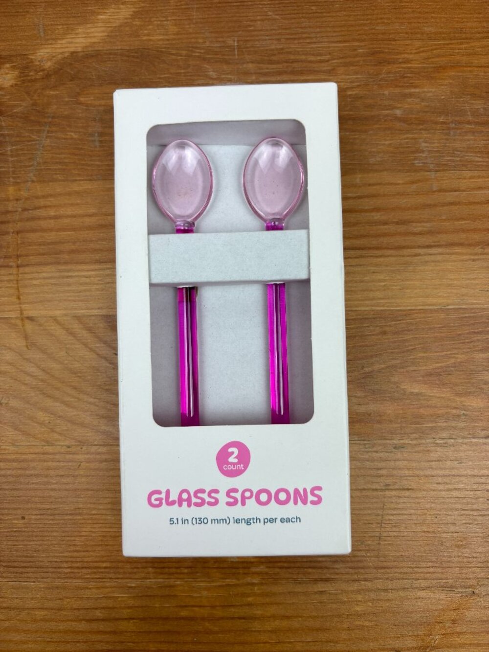 Set of two stylish pink glass spoons for coffee, tea, or cocktails. New